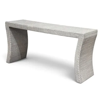 Sale Photo Thumbnail #87: Modern outdoor console table featuring a light gray woven all-weather wicker design with curved, sculptural legs.