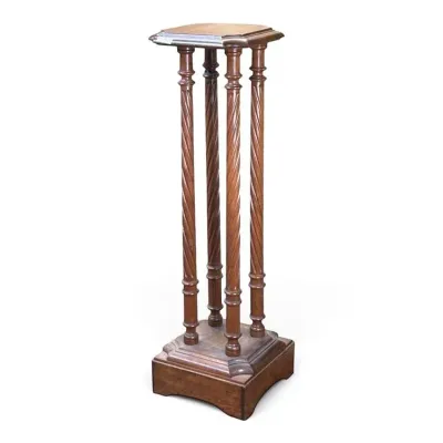 Sale Photo Thumbnail #112: Antique wooden pedestal stand featuring four barley twist columns supporting a square top, set on a stepped plinth base.