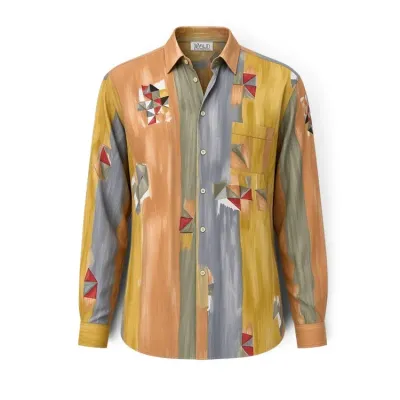 Sale Photo Thumbnail #16: Vintage Valid brand long-sleeve button-down shirt featuring an artistic, multi-colored abstract brushstroke pattern with geometric accents in earth tones.