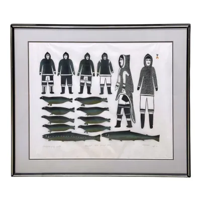 Sale Photo Thumbnail #33: Framed Inuit stonecut print titled "Thoughts of My Youth" by artist Kananginak Pootoogook, dated 1978, depicting figures in traditional parkas alongside seals and fish.