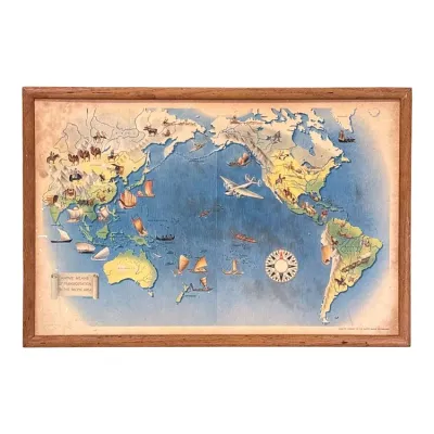 Sale Photo Thumbnail #49: Vintage Miguel Covarrubias pictorial map titled "Native Means of Transportation in the Pacific Area," presented in a simple wooden frame.