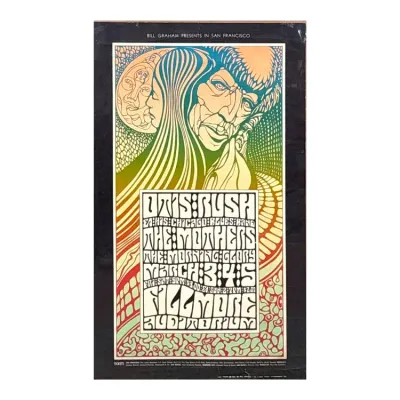 Sale Photo Thumbnail #145: Vintage 1967 Bill Graham BG-53 concert poster designed by Wes Wilson, featuring Otis Rush and The Mothers of Invention at the Fillmore Auditorium.