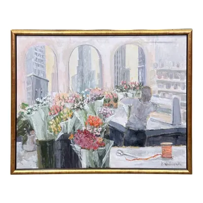 Sale Photo Thumbnail #35: Original impressionist oil painting depicting a florist shop interior with city views, signed J. Walworth, housed in a gilt wood frame.