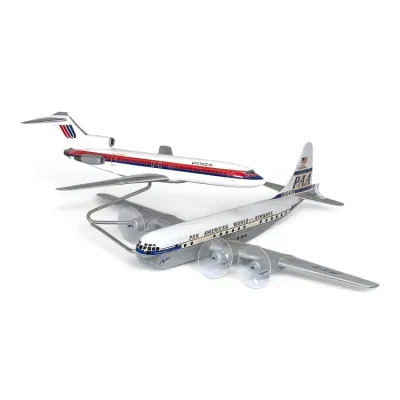 Sale Photo Thumbnail #139: Two vintage model airplanes, including a United Airlines Boeing 727 on a metal stand and a Pan American World Airways Boeing 377 Stratocruiser with clear plastic propellers.