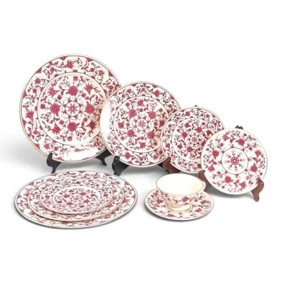 Sale Photo Thumbnail #201: Minton 'Marlow' pattern fine bone china dinnerware set, featuring a delicate red floral transferware design with gold trim.