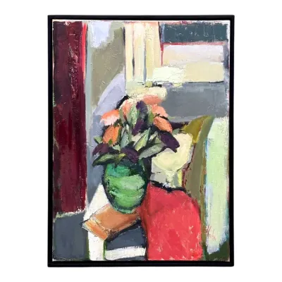 Sale Photo Thumbnail #47: Abstract expressionist still life oil painting depicting a floral arrangement in a green vase, housed in a simple black frame.