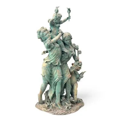 Sale Photo Thumbnail #240: Classical-style garden statue depicting two women and cherubs, featuring a weathered green verdigris patina.