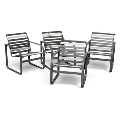 Sale Photo Thumbnail #237: Set of four vintage mid-century modern metal patio armchairs with grey frames and alternating grey and white vinyl straps.