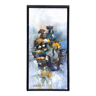 Sale Photo Thumbnail #60: Mid-century impressionist oil painting on canvas depicting a bustling Asian market scene, signed by the artist and housed in a simple black frame.