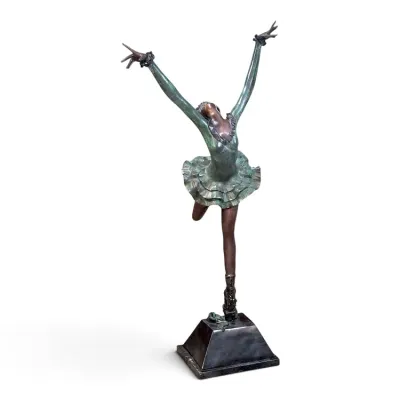 Sale Photo Thumbnail #228: Bronze ballerina sculpture with a green-patinated tutu and bodice, depicted in a dynamic dance pose on a dark pedestal base.