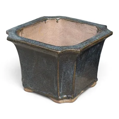Sale Photo Thumbnail #231: Square ceramic bonsai pot featuring a dark, mottled blue-grey glaze with brown undertones and an unglazed interior.