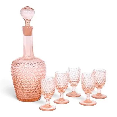 Sale Photo Thumbnail #210: Vintage pink hobnail glass decanter with matching stopper and five stemmed cordial glasses.