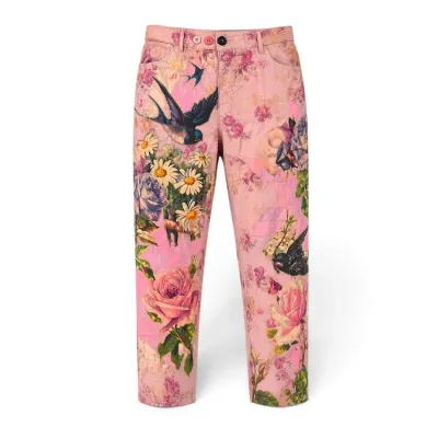 Sale Photo Thumbnail #23: Pink straight-leg trousers featuring a vibrant floral and swallow print with a multi-button waistband.