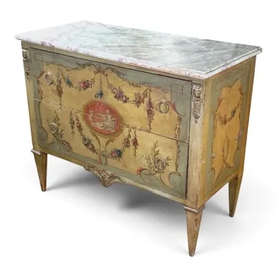 Sale Photo Thumbnail #119: Italian Neoclassical style commode featuring a marble top, hand-painted floral garlands, and a central classical medallion on a distressed gold and sage green finish.