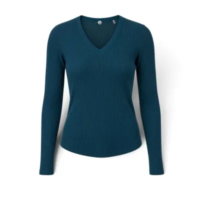 Sale Photo Thumbnail #17: Teal ribbed knit long-sleeve top with a v-neckline, in excellent condition.