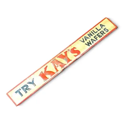 Sale Photo Thumbnail #186: Vintage embossed tin advertising sign for Kay's Vanilla Wafers, featuring a yellow background with red and blue lettering and showing some age-related wear.