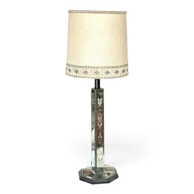 Sale Photo Thumbnail #169: Vintage Hollywood Regency style table lamp featuring an etched mirrored glass column base and a textured fabric drum shade with decorative trim.