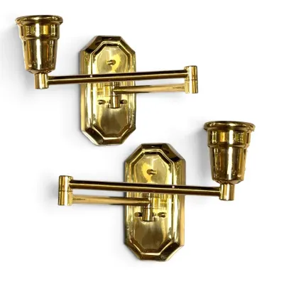 Sale Photo Thumbnail #164: Pair of vintage brass swing-arm wall sconces with octagonal backplates and a polished finish.