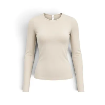 Sale Photo Thumbnail #29: Women's long-sleeve crewneck top in a neutral beige or light tan color, featuring a fitted silhouette.