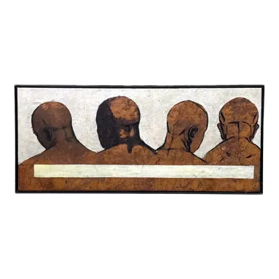 Sale Photo Thumbnail #45: Contemporary textured painting depicting the backs of four bald heads in profile and rear views, rendered in earthy brown tones against a light background with a horizontal white stripe.