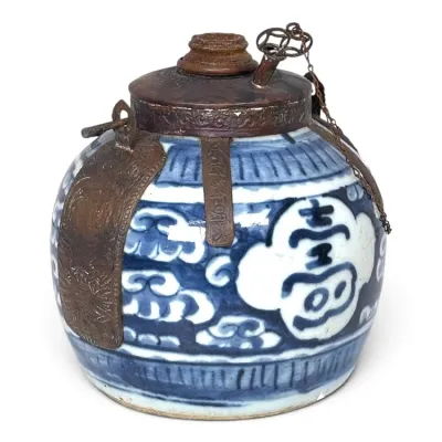 Sale Photo Thumbnail #176: Antique Chinese blue and white porcelain ginger jar converted into an oil lamp, featuring hand-painted cloud motifs and character symbols with aged metal fittings.