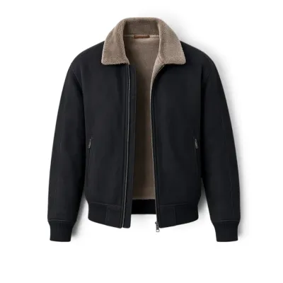 Sale Photo Thumbnail #25: Men's black suede bomber jacket featuring a plush shearling collar and lining, ribbed cuffs, and zippered pockets.