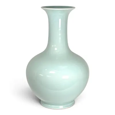 Sale Photo Thumbnail #217: Chinese celadon-glazed porcelain vase featuring a globular body, flared rim, and subtle crackle glaze finish.