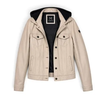 Sale Photo Thumbnail #27: Mauritius beige leather jacket featuring a black hooded insert, button-front closure, and chest flap pockets.