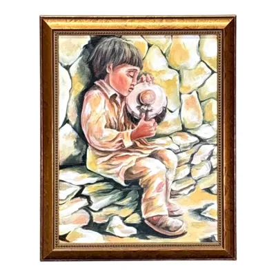 Sale Photo Thumbnail #82: Framed painting depicting a young boy holding a small drum while resting against a stone wall, presented in an ornate gold-finished frame.