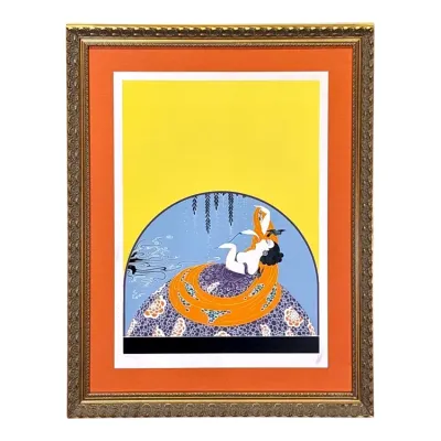 Sale Photo Thumbnail #52: Erté Art Deco style serigraph print titled 'The Willow', featuring a stylized woman with flowing orange hair, housed in an ornate gold frame with an orange mat.