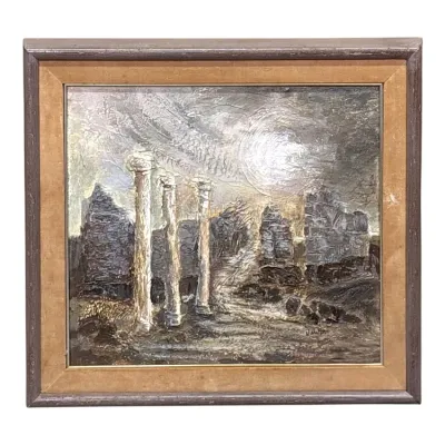 Sale Photo Thumbnail #79: Mid-century textured oil painting depicting ancient ruins with columns, signed by the artist and housed in a wooden frame with a fabric liner.