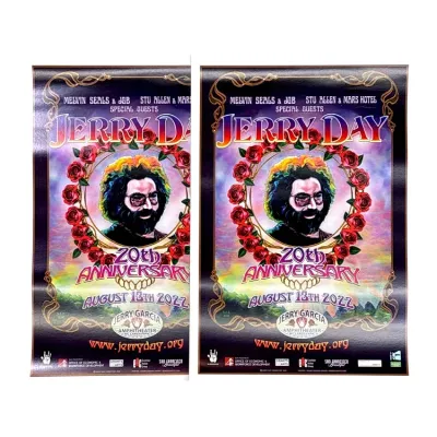 Sale Photo Thumbnail #150: Two identical Jerry Day 20th Anniversary concert posters from August 13, 2022, featuring a portrait of Jerry Garcia surrounded by red roses.
