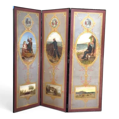 Sale Photo Thumbnail #88: Antique three-panel folding floor screen featuring hand-painted maritime and coastal scenes, classical bust medallions, and ornate gold-leaf borders on a muted grey and burgundy background.