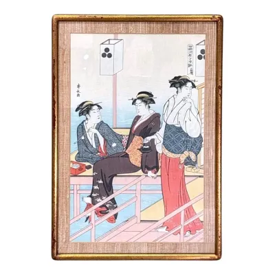 Sale Photo Thumbnail #64: Framed Japanese ukiyo-e woodblock print depicting three women on a veranda, presented in a distressed gold-finished frame with a textured mat.