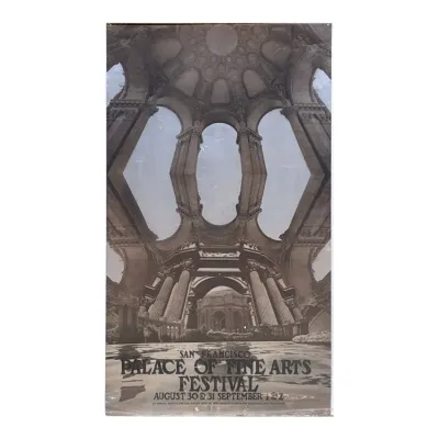 Sale Photo Thumbnail #158: Vintage San Francisco Palace of Fine Arts Festival poster featuring a sepia-toned architectural graphic, wrapped in protective plastic.