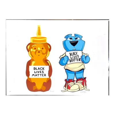 Sale Photo Thumbnail #58: Contemporary art print featuring a honey bear bottle and a blue cartoon bear holding "Black Lives Matter" signs, signed by the artists.