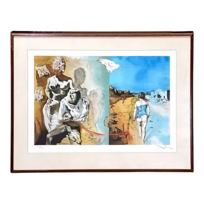 Sale Photo Thumbnail #55: Framed Salvador Dalí surrealist lithograph, numbered 150/300, featuring a split-scene composition with figures in a landscape, presented in a simple wooden frame.