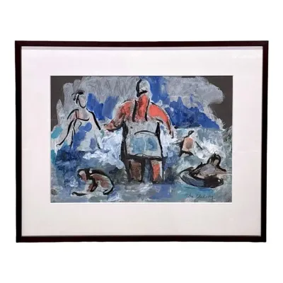 Sale Photo Thumbnail #34: Framed expressionist mixed media painting depicting figures in water, signed "Wm Blakesley" in the lower right corner.