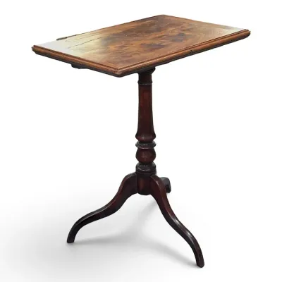 Sale Photo Thumbnail #110: Antique mahogany tilt-top tea table featuring a rectangular top with a molded edge, supported by a turned pedestal and tripod legs.
