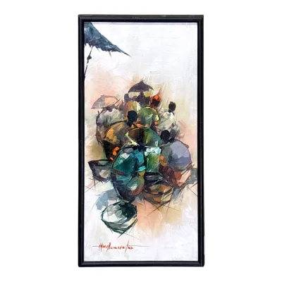 Sale Photo Thumbnail #61: Mid-century expressionist oil painting depicting a bustling marketplace scene, signed by the artist and housed in a simple black frame.