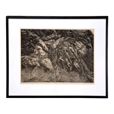 Sale Photo Thumbnail #51: Framed black and white etching titled "Lombard Street Rocks," numbered 10/150 and signed by artist Eleanor Grace Miller, depicting a detailed, textured landscape of rocks and dry grass.