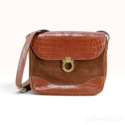 Sale Photo Thumbnail #170: Vintage Salvatore Ferragamo Gancini Brown Caiman and Suede Shoulder Bag