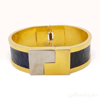 Sale Photo Thumbnail #314: Vintage Loewe Puzzle Bi-Color Metal and Navy Blue Crocodile Embossed Leather Bangle