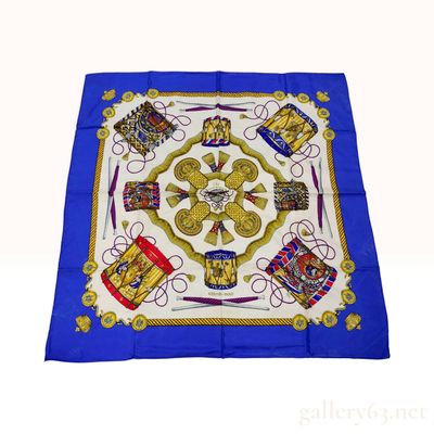 Sale Photo Thumbnail #276: Vintage Hermes Les Tambours Royal Blue Silk Scarf Carre 90