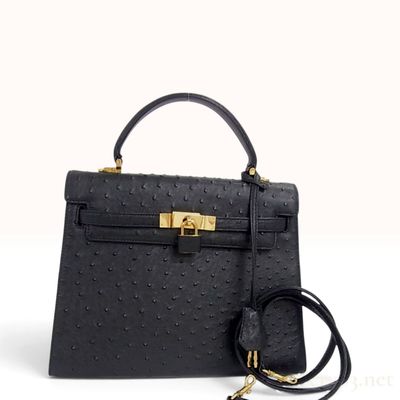Sale Photo Thumbnail #458: Michiyo Black Ostrich Leather Top Handle Bag with Shoulder Strap