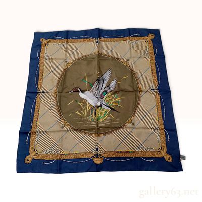 Sale Photo Thumbnail #511: Vintage 1987 Hunting World Pintail Duck Navy Blue Silk Scarf