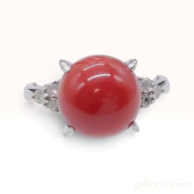 Sale Photo Thumbnail #541: Platinum Pt900 0.17ct Natural Diamond and 10.2mm Antique Red Coral Cocktail Ring
