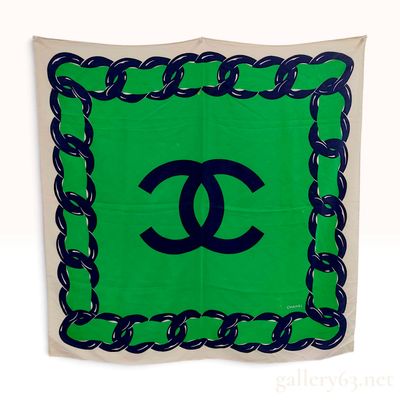 Sale Photo Thumbnail #547: Vintage Chanel CC Logo and Chain Print Green Silk Scarf 85cm