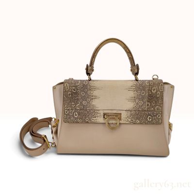 Sale Photo Thumbnail #384: Salvatore Ferragamo Exotic Skin Sofia Beige Leather Top Handle Bag