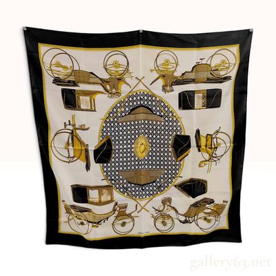 Sale Photo Thumbnail #176: Hermes Les Voitures a Transformation Cream Black and Gold Silk Carre 90